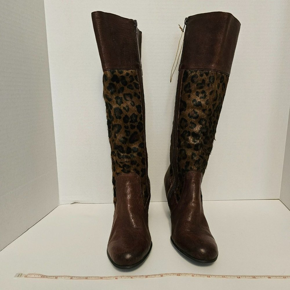 Born Brown Boots Knee High Zip Leopard Print Pony Hair Women Size 9 1/2 - Picture 4 of 16